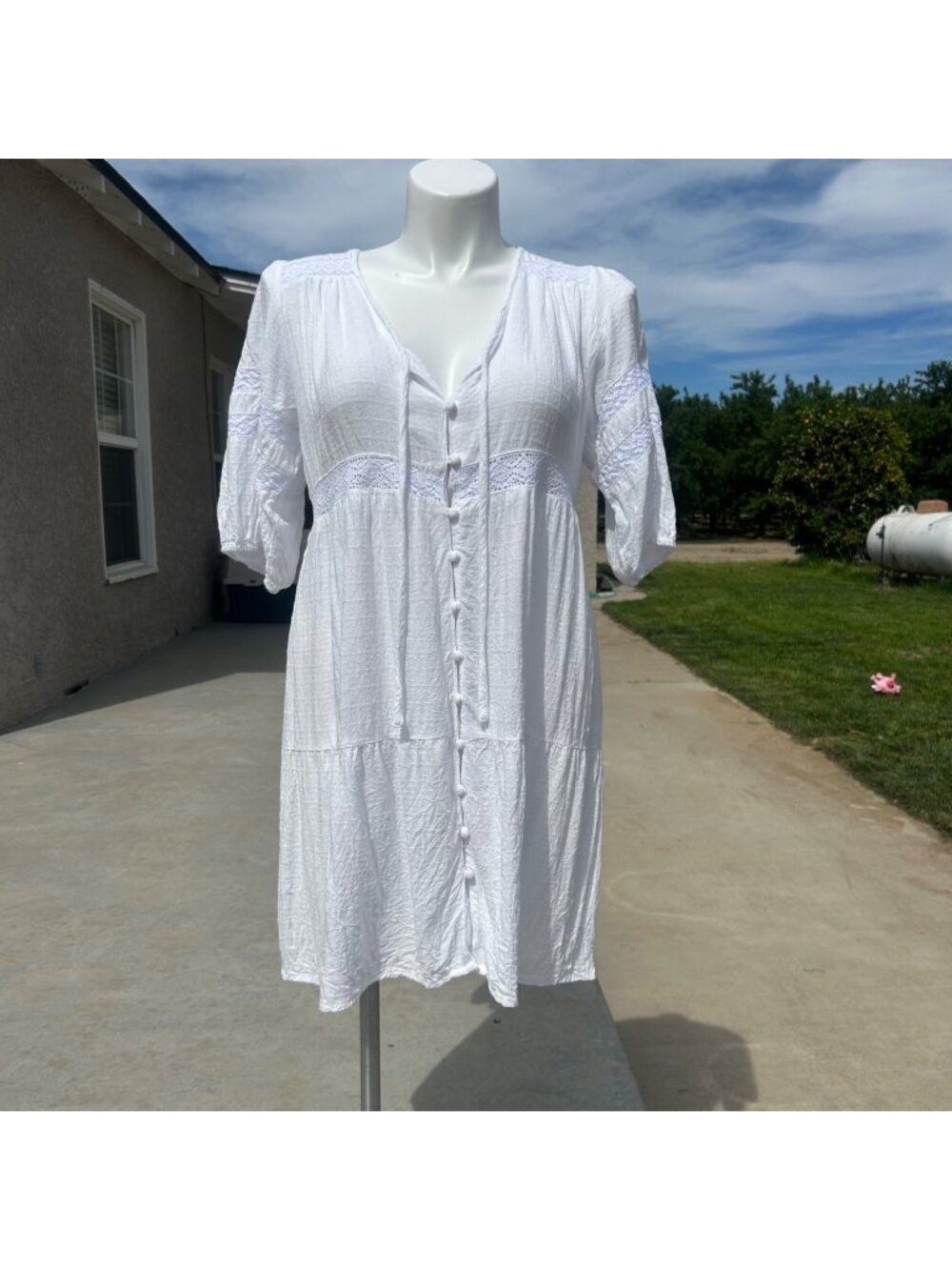 FRNCH White Cotton Boho Cottagecore Button Down Dress - Large